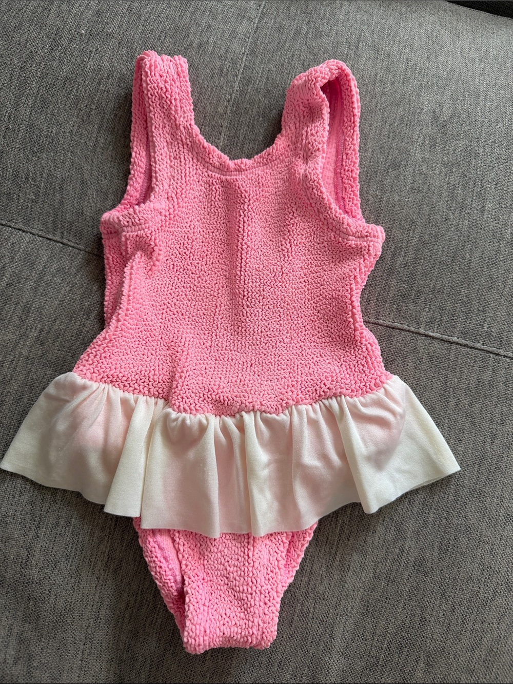 Hunza G Pink Textured Girls One-Piece with Ruffle Trim